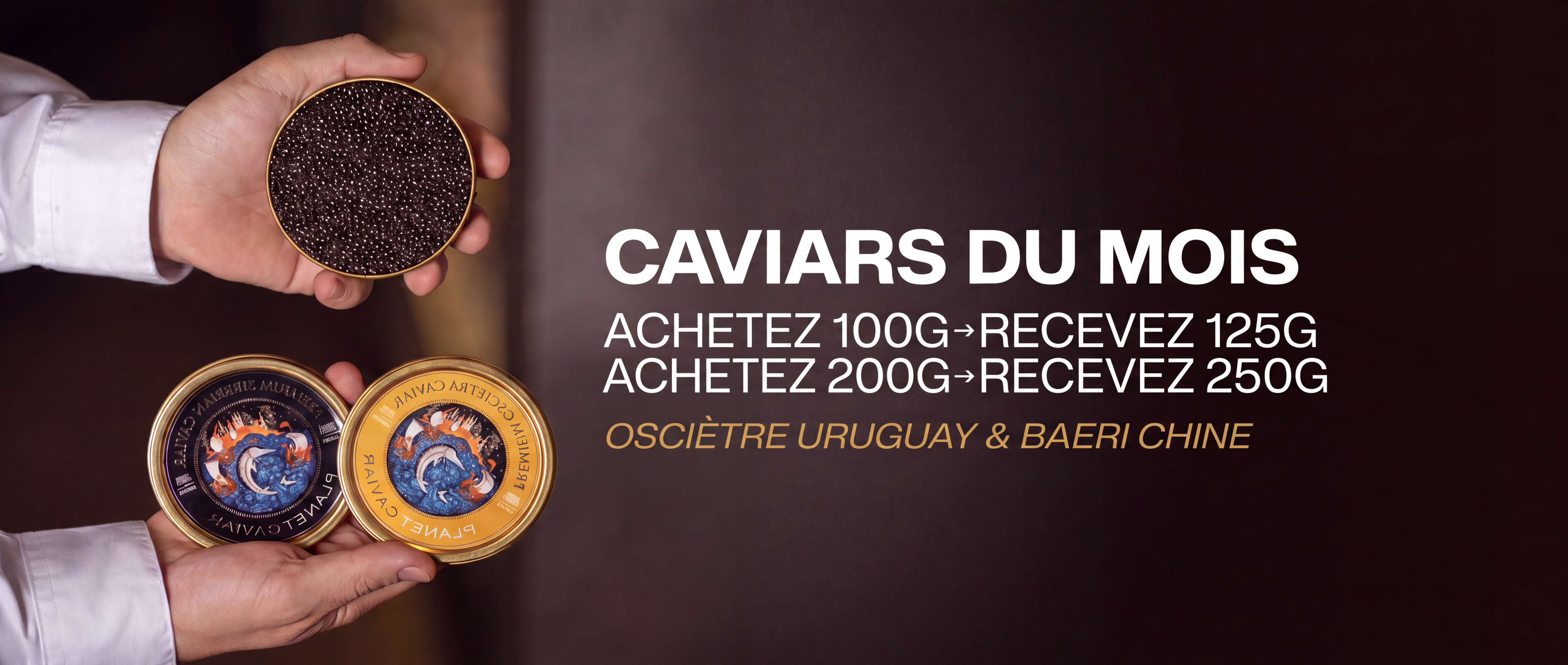 Chaque mois, Planet Caviar met à l’honneur une sélection de caviars à découvrir dans des conditions privilégiées. En septembre, profitez d’un grammage offert sur une sélection de Caviars Baeri et Osciètre, originaires de Chine et d’Uruguay.